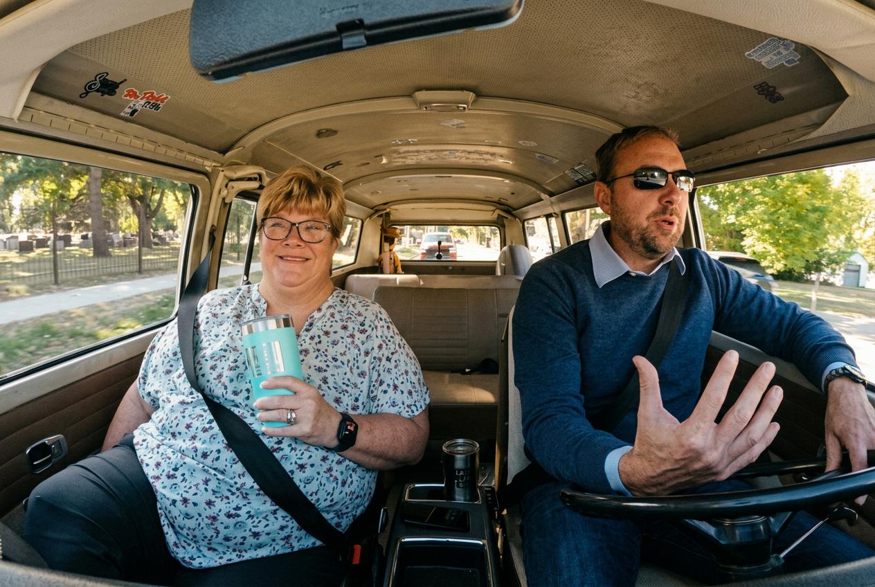 Jonathan Larsen riding in the VW bus with a guest